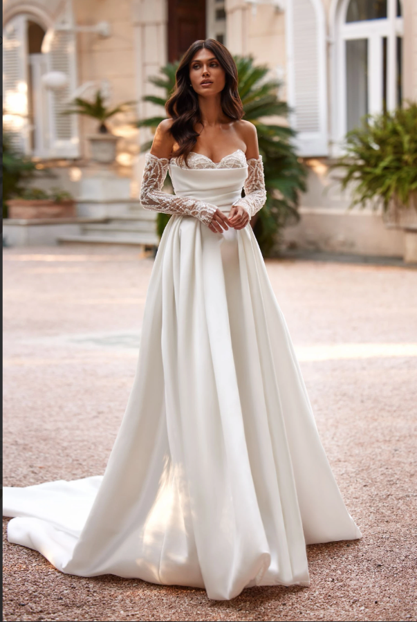 Meriann 3346 – Regal A-Line Mikado Wedding Dress with Lace Details & Optional Removable Sleeves